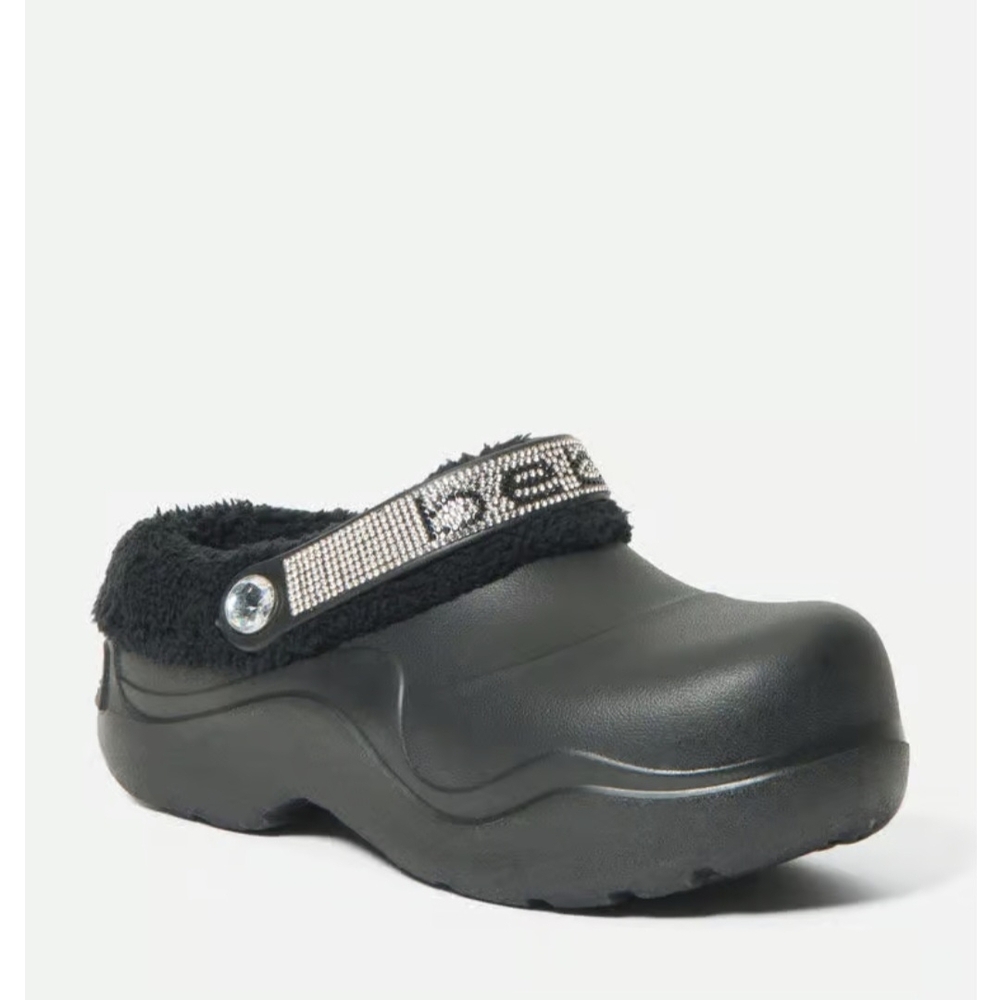 New with Tags Bebe  Black Mules Fur Lined with Silver Detailing Ringstones